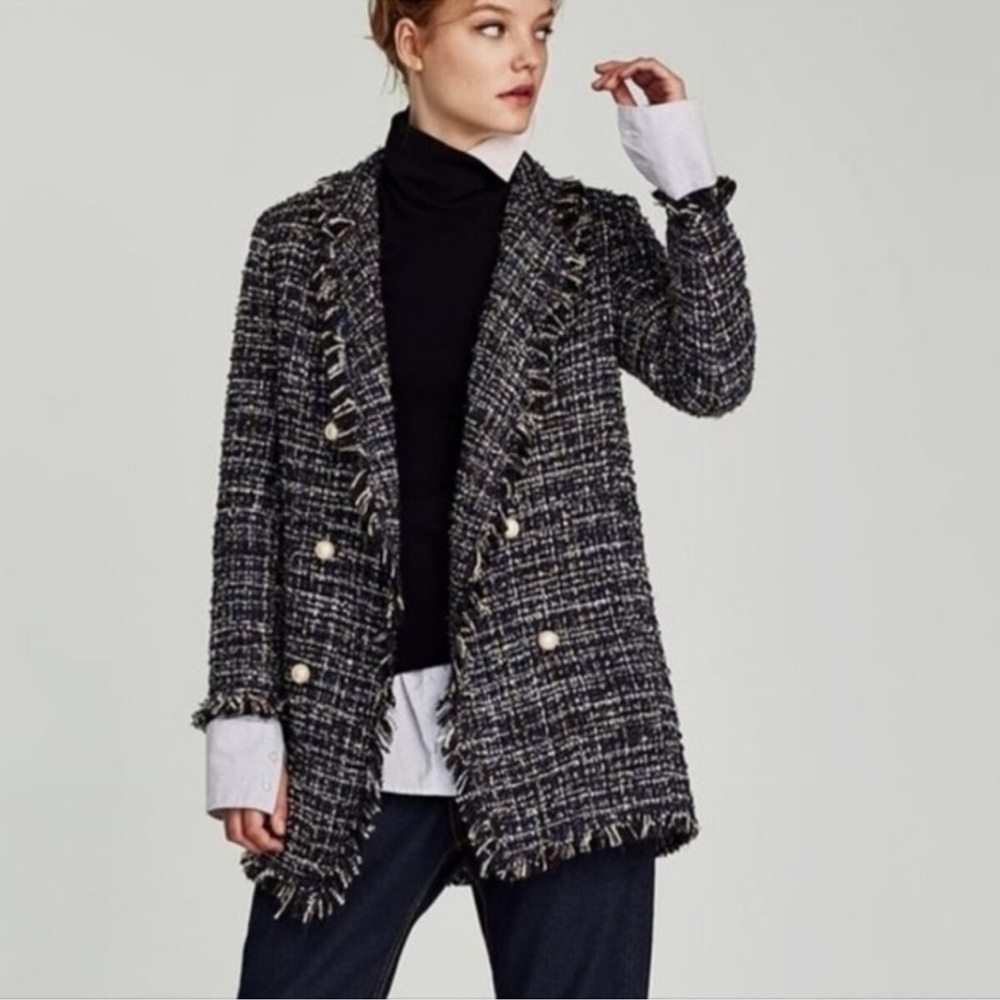 Zara Woman Tweed Pearl Button Trench Fringe Jacket/Blazer